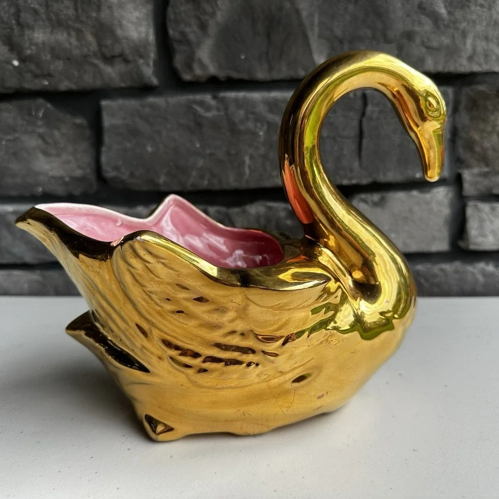 Vintage 1950s Gold Swan MCM Ceramic Planter Trinket Dish Vase Hollywood Regency